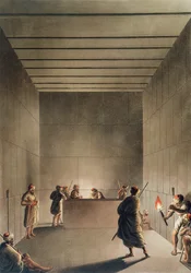Kamra és szarkofág a gízai nagy piramisban, 6. tábla az „Egyiptomi látképek” című műből, Thomas Milton (1743-1827) metszete, Robert Bowyer (1758-1834) kiadásában, 1801